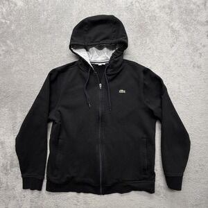 Lacoste Sport Hoodie Mens XL Black Full Zip Hooded Lined Fleece Embroidered Logo
